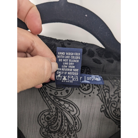 Susan Graver Shirt Womens 1X Black Sheer Velvet Burnout Paisley Button Front Top - Picture 5 of 7